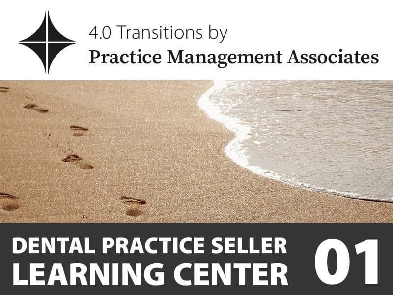 PMA logo, sand and ocean water at beach with footsteps in the sand. Dental Practice Seller Learning Center.